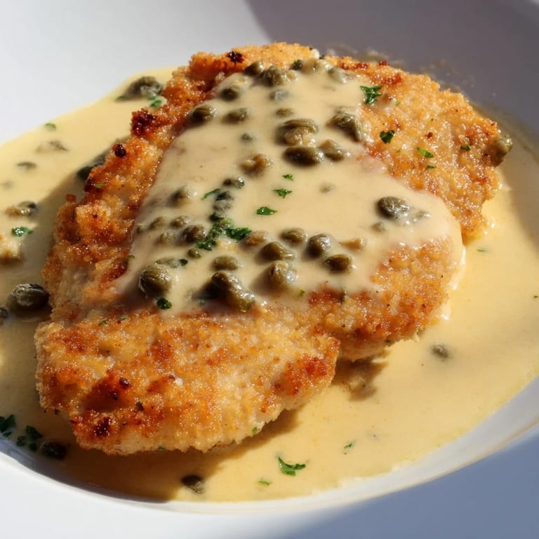 Sizzling Creamy Chicken Piccata with capers, offering a comforting Italian-American dinner.