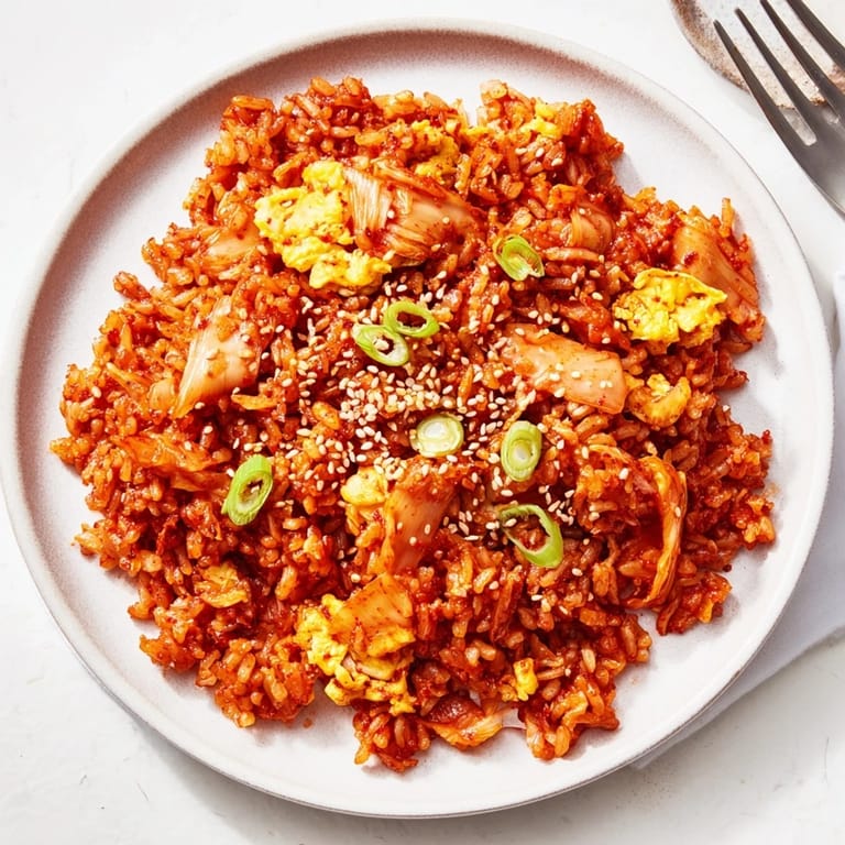 Close-up shot of homemade Spicy Kimchi Fried Rice, garnished with green onions and sesame seeds.