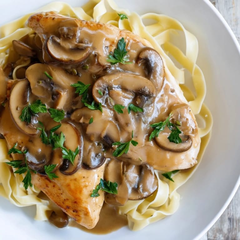 A close-up of tender Chicken Marsala, glistening with rich, velvety sauce and garnished with fresh parsley and grated Parmesan.