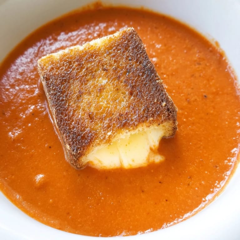 Creamy roasted tomato soup with homemade grilled cheese croutons melting on top.