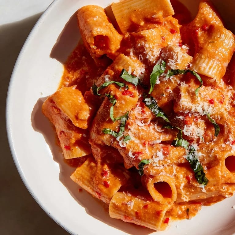 Hearty bowl of spicy rigatoni pasta topped with extra Parmesan and basil, perfect for a cozy vegetarian dinner.