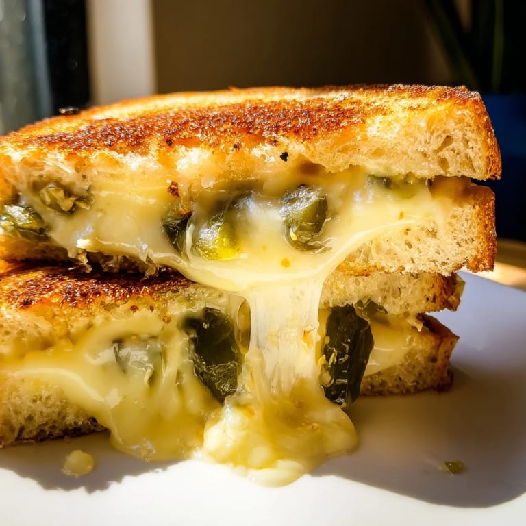Melty Jalapeño Pepper Jack Grilled Cheese on sourdough bread, showcasing creamy texture and spicy peppers, ready to be enjoyed hot.