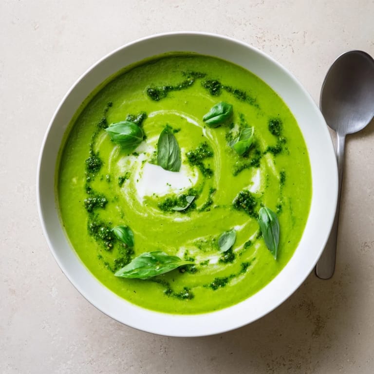 Steaming Courgette, Pea and Pesto Soup served in a rustic bowl with a side of crusty bread for dipping.