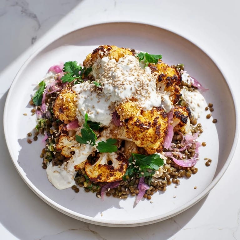 Close-up of caramelized cauliflower and lentils with a generous swirl of cumin tahini yogurt, garnished with toasted sesame seeds and lemon.