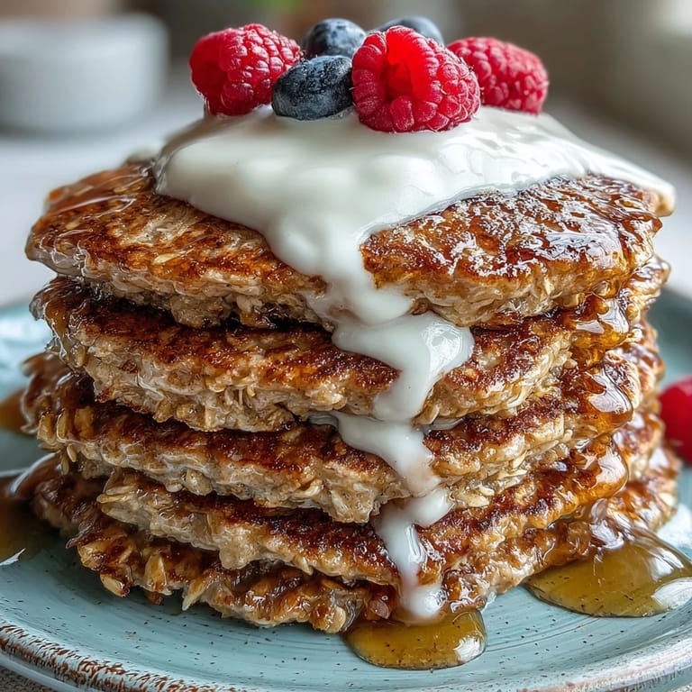 Fluffy Banana Oat Pancakes stacked high with a hint of cinnamon.