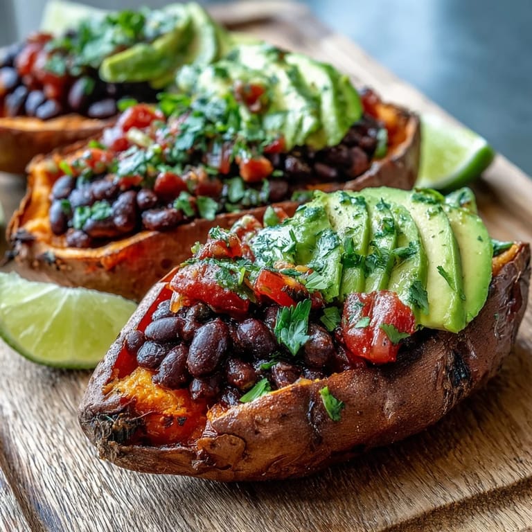 Hearty, vibrant sweet potatoes piled high with chipotle black beans and bright tomato salsa.