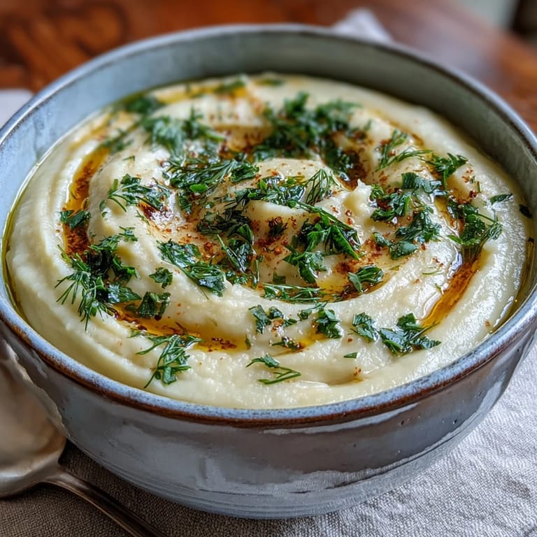 Roasted parsnip and herb soup served in a bowl with a swirl.