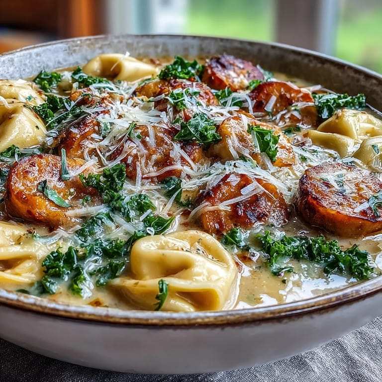 Hearty pumpkin tortellini chicken sausage soup, ideal for a cozy autumn dinner.