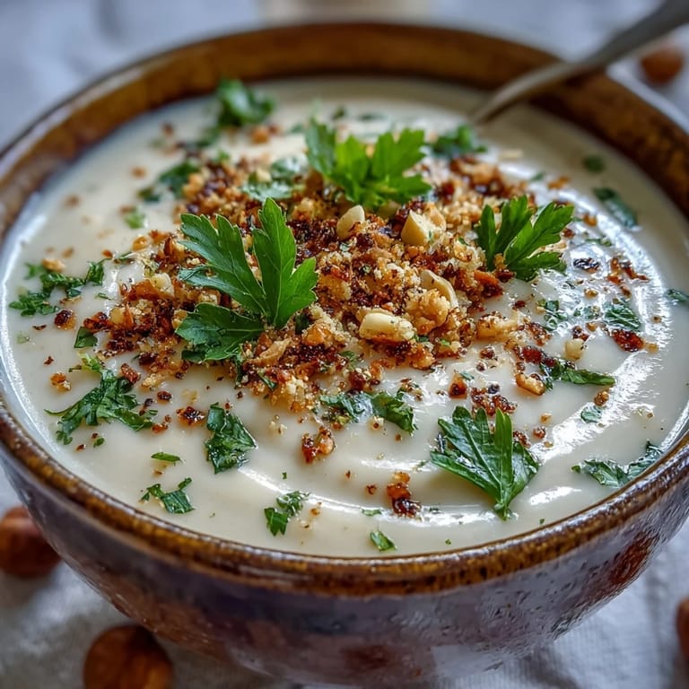 Velvety roasted celeriac soup with savory hazelnut crumble, perfect for a cozy meal.