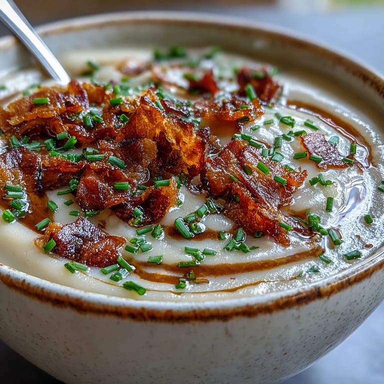 Hearty Creamy Celeriac Soup with Crispy Bacon, perfect with crusty bread.