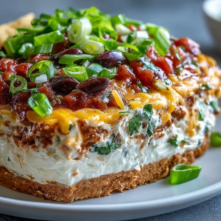 Close-up of 4-Way Layered Dip showing distinct layers and diced tomatoes, perfect for dipping with tortilla chips.