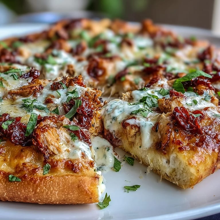 Freshly baked Marry Me Chicken Pizza cut into wedges, garnished with basil and served hot.