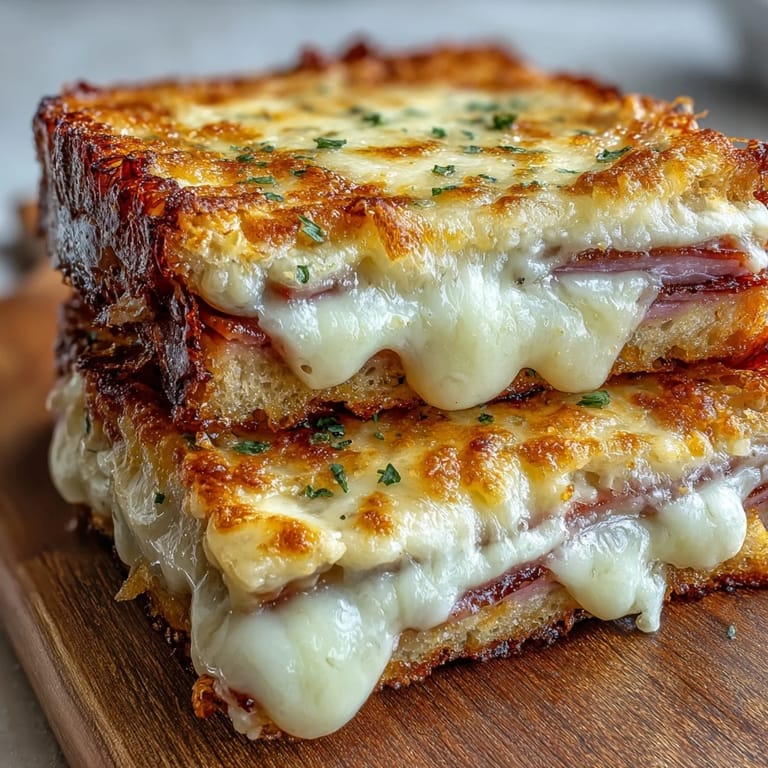 A baked Croque Monsieur Casserole sliced to show creamy béchamel sauce and melty cheese inside.
