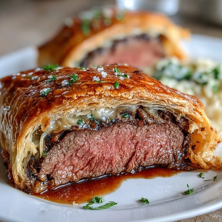 Slices of tender Beef Wellington rest on a wooden board next to a glass of red wine.