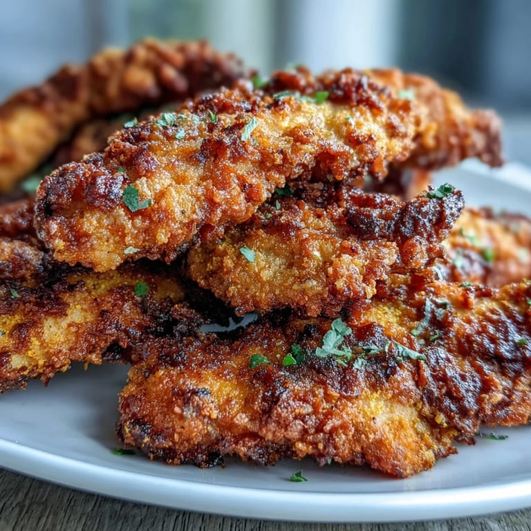 Perfectly golden Crispy Turmeric Chicken Tenders on a rustic wooden board, garnished with fresh parsley and ready for a quick dinner.