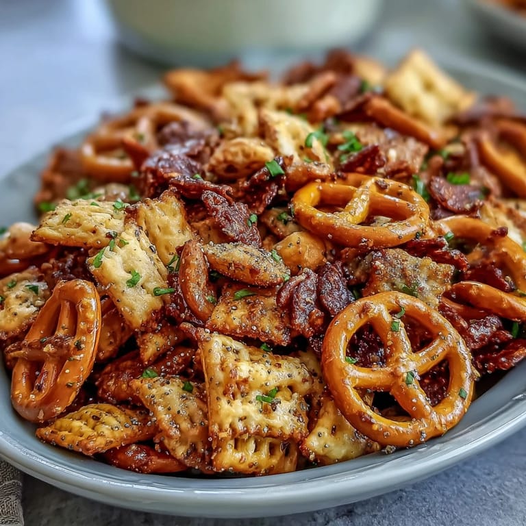 Hearty bowl of Everything Ranch Cheese and Pretzel Snack Mix featuring crunchy pretzels, cheesy crackers, and toasted cashews.