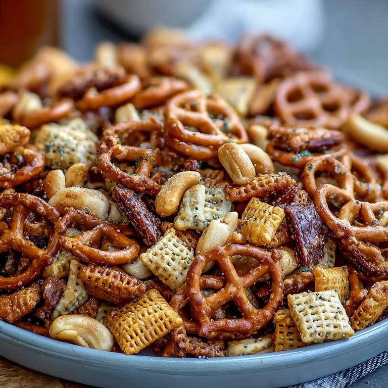 Everything Ranch Cheese and Pretzel Snack Mix cooled on a wire rack, offering a savory blend of ranch and everything seasoning.