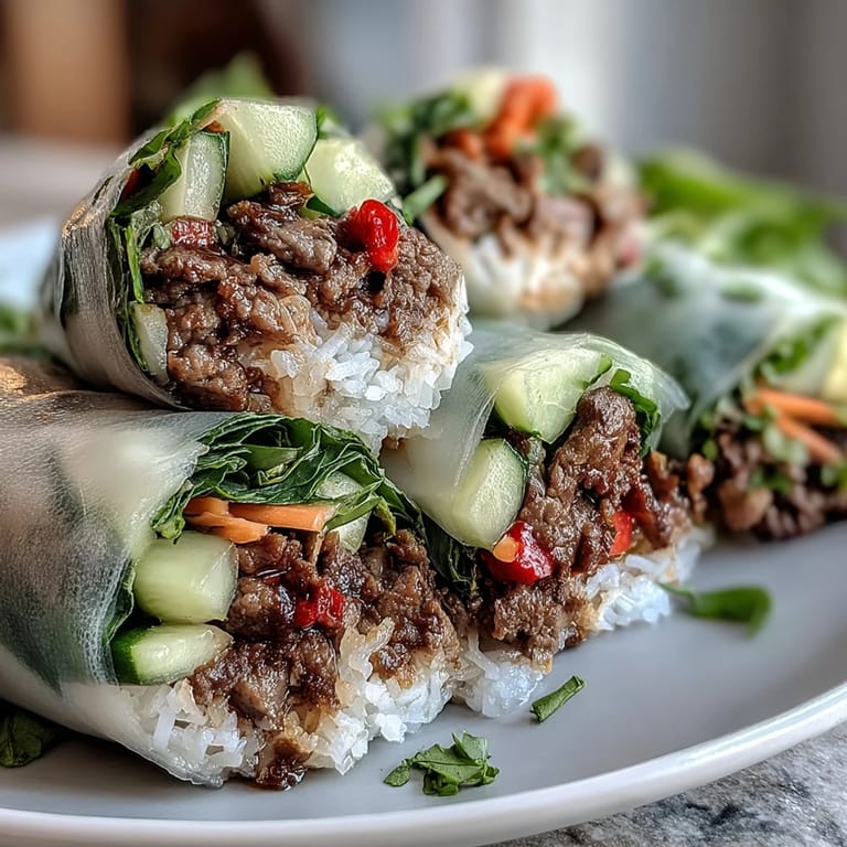 Freshly rolled Thai Basil Beef Rolls served with a spicy dipping sauce on a white plate for lunch.