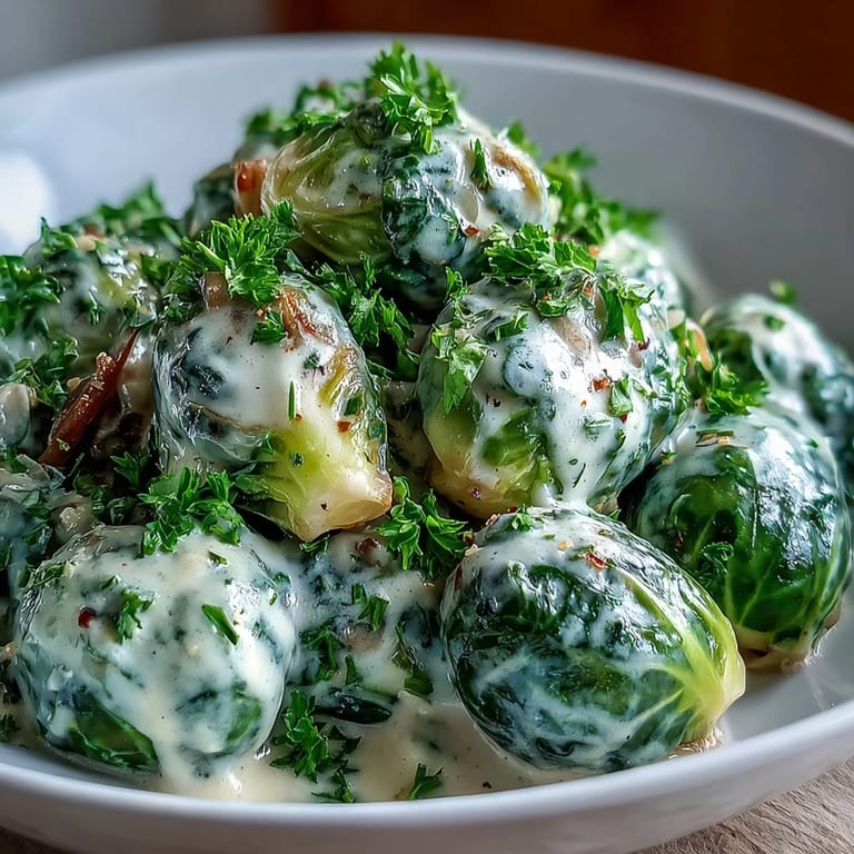 Al dente Brussels sprouts tossed in silky cream cheese mustard sauce, finished with lemon and parsley for a bright flavor.