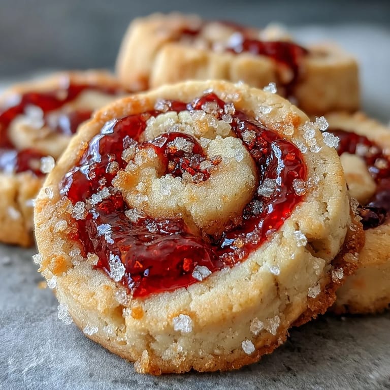A close-up of Raspberry Swirl Shortbread Cookies reveals vibrant red jam swirls in the tender shortbread, perfect for afternoon tea. 