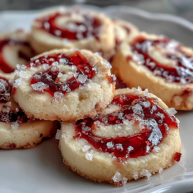 Freshly baked Raspberry Swirl Shortbread Cookies are arranged on a white plate with a cup of tea, ideal for homemade gifting.