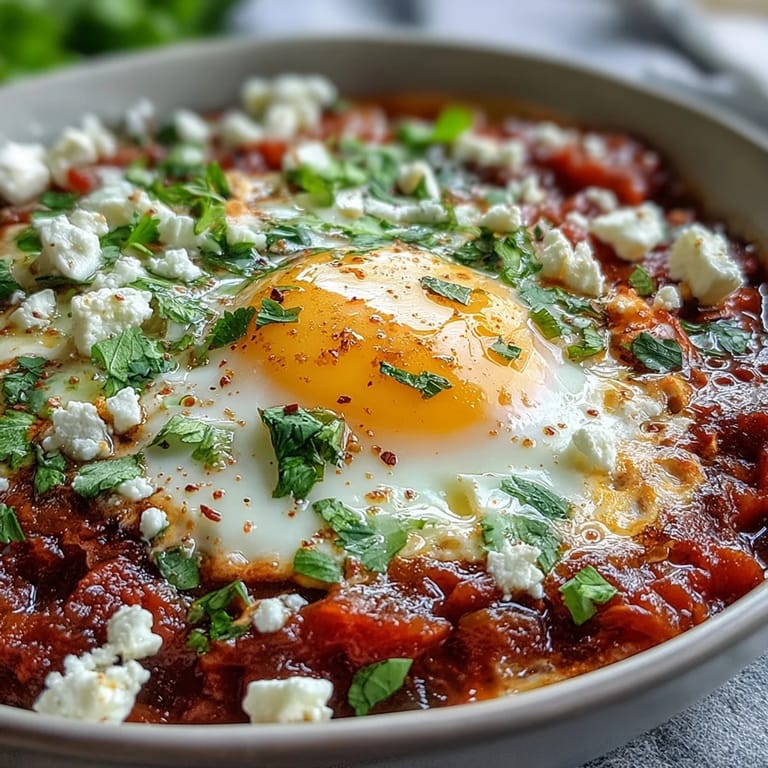 Overhead view of a shakshuka bowl featuring runny yolks, chopped peppers, and a side of toasted pita wedges for dipping.