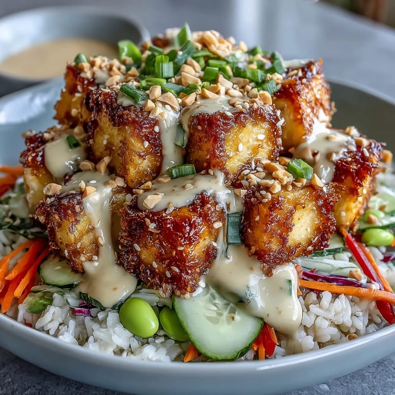 Served in a rustic ceramic bowl, this satisfying plant-based main dish highlights golden tofu, fresh edamame, and shredded purple cabbage.