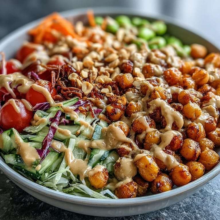 Freshly prepared Peanut Chickpea Protein Bowl topped with crunchy peanuts and served with lime wedges.