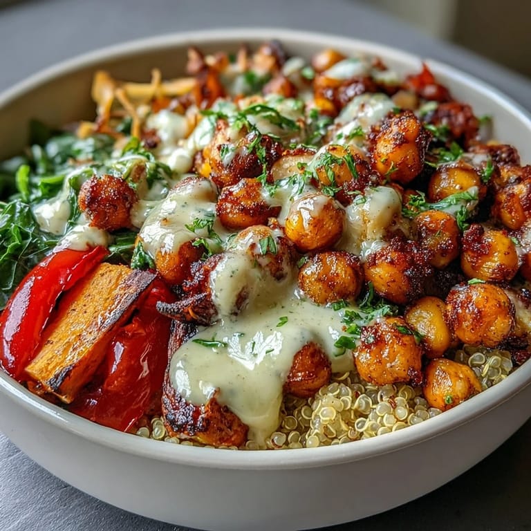 The Roasted Chickpea Power Bowl with tahini drizzle and fresh parsley, perfect for healthy meal prep.
