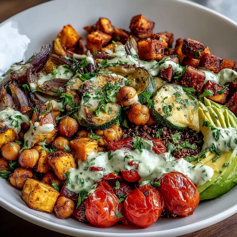 An overhead view of a colorful Chickpea Power Bowl featuring roasted sweet potatoes, red onions, cherry tomatoes, and avocado atop wholesome grains.