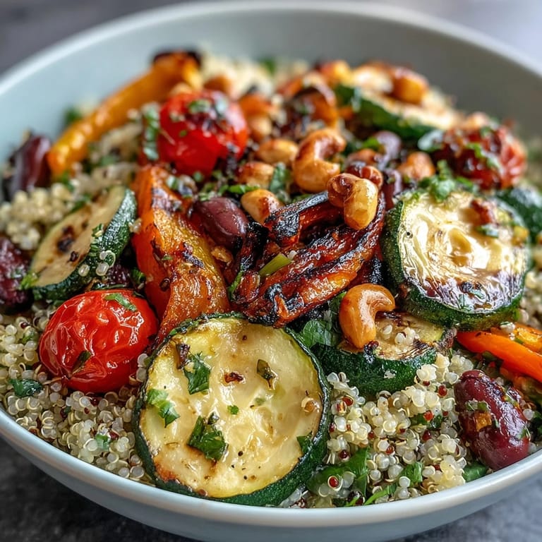 This healthy Veggie and Quinoa Power Bowl features colorful cherry tomatoes and red onion, served meal-prep style for four.