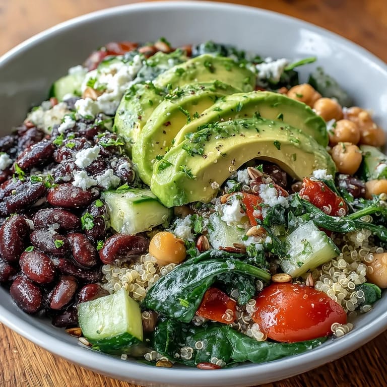 Colorful Three-Bean Power Bowl with kidney beans, spinach, and bell peppers, drizzled with tangy mustard vinaigrette for a meal-prep feast.