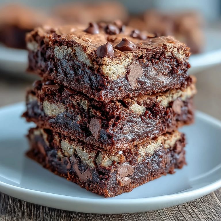 Close-up of a hand slicing Hojicha Brookies to reveal the fudgy interior and gooey chocolate chips against a rustic wooden background.