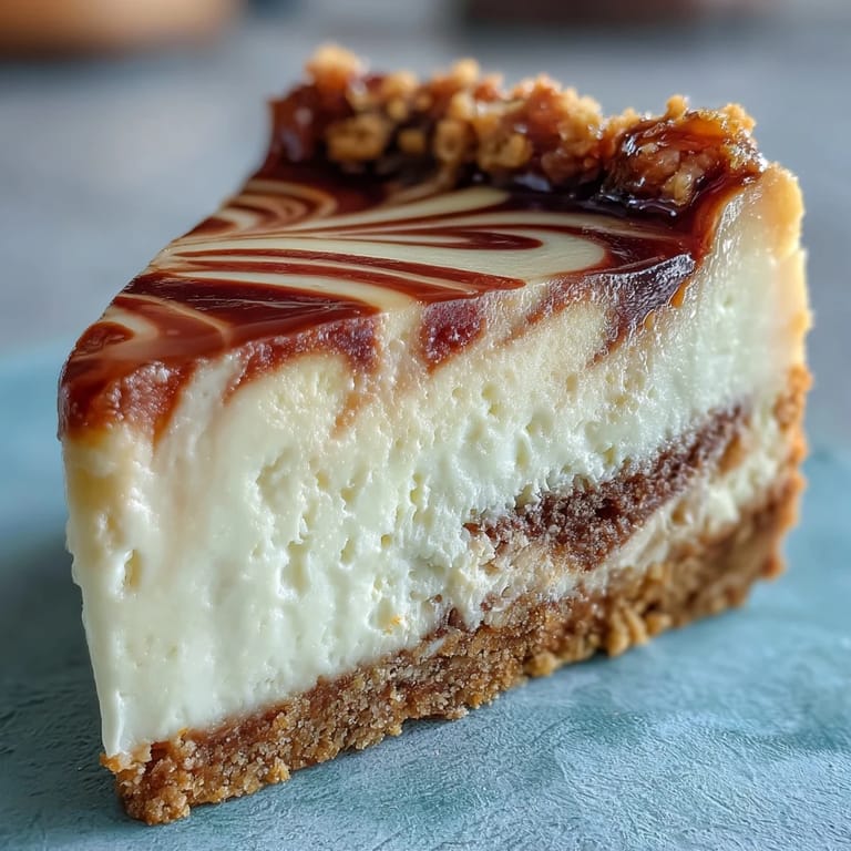 Freshly baked Hojicha Cheesecake with marbled topping and a cup of brewed tea on a rustic table.