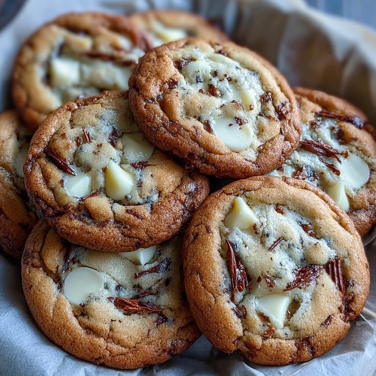A close-up of a split Hojicha White Chocolate Cookies revealing a soft, chewy interior and melty white chocolate pieces.
