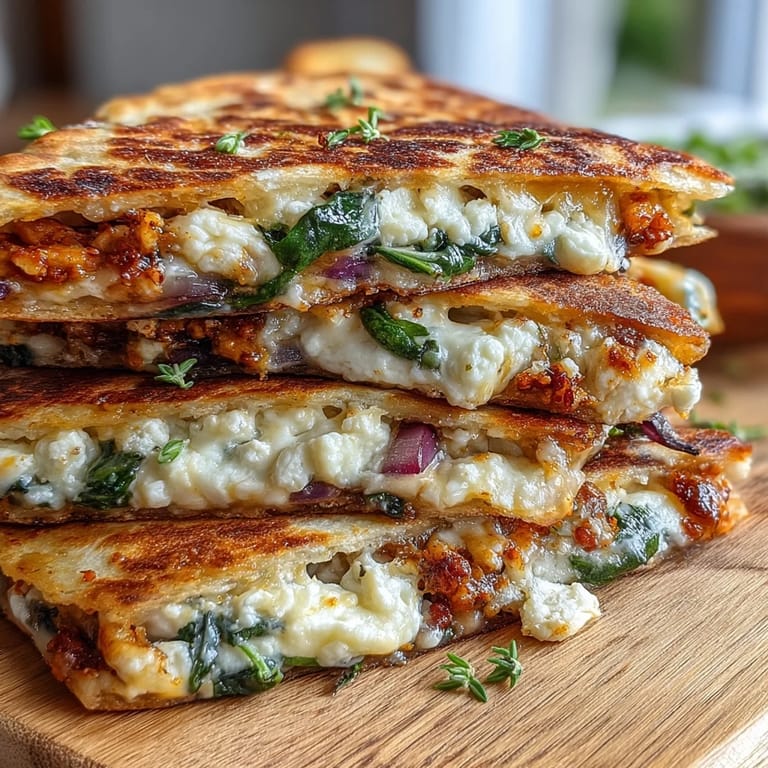 Veggie-filled Mediterranean Quesadillas with Spinach, Feta, Mozzarella, and Red Onion served with a side of creamy tzatziki.