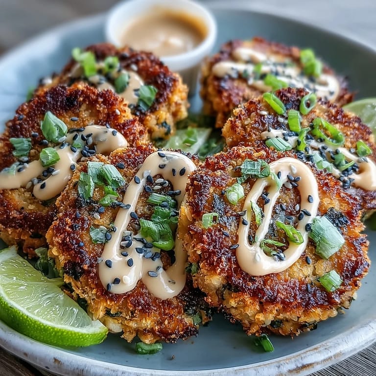 Pan-fried Asian-Style Tuna Cakes paired with a creamy lime-spiked spicy mayo dipping sauce.
