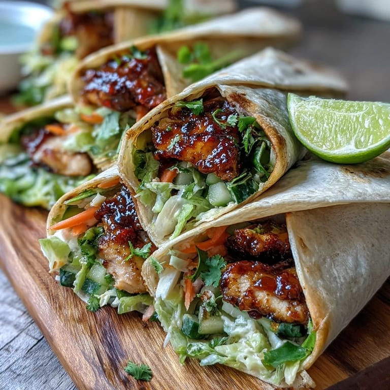 Juicy grilled Sweet Chili Chicken Wraps with fresh veggies and a drizzle of sweet chili sauce.