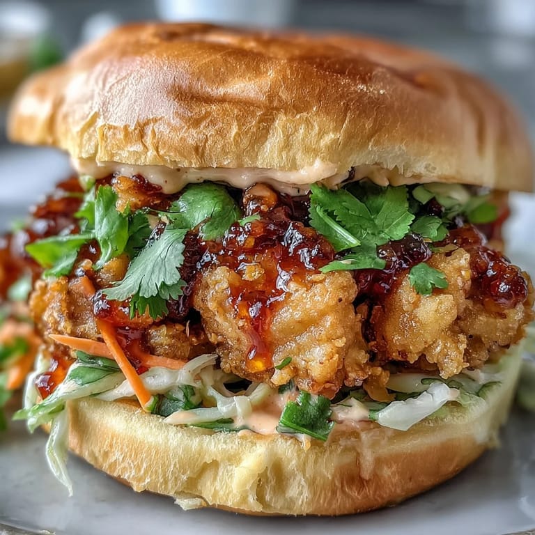 Freshly assembled Thai Fried Chicken Sandwich served with lime wedges, showcasing juicy fried chicken and vibrant pickled vegetables.