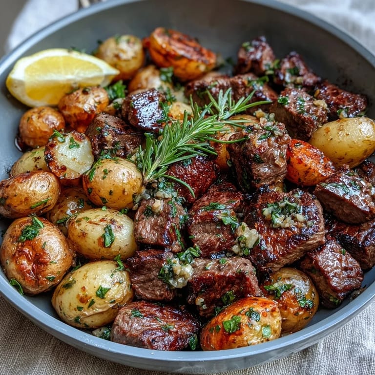A close-up view of Garlic Butter Steak & Potato Skillet showing sizzling steak and potatoes garnished with parsley.