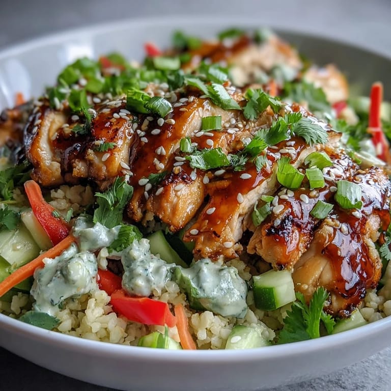 Sliced marinated chicken and colorful vegetables sit over warm couscous, garnished with toasted sesame seeds and fresh cilantro for a flavorful meal.