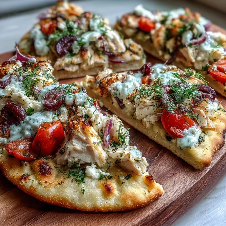 Crispy naan bread base layered with melted mozzarella, tangy feta, red onion, and lemony chicken for a vibrant Mediterranean dinner.