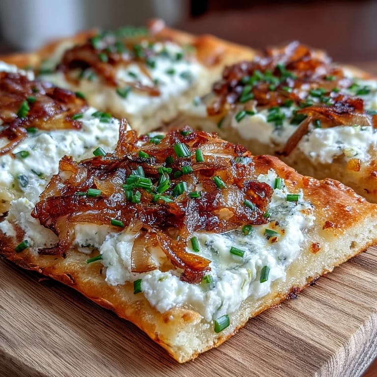 Slices of Goat Cheese & Caramelized Onion Flatbread reveal creamy goat cheese and sweet onions on a rustic plate.
