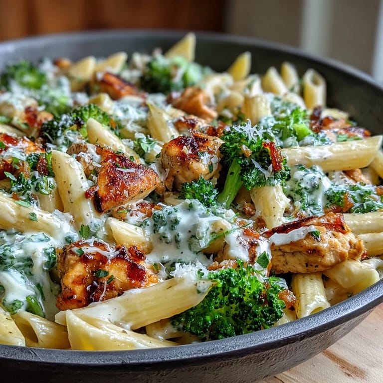 Tender chicken and bright green broccoli florets coated in a cheesy garlic pasta sauce.