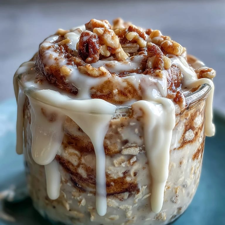 Enjoy High-Protein Cinnamon Roll Overnight Oats with a maple drizzle and rolled oats, perfect for busy mornings.