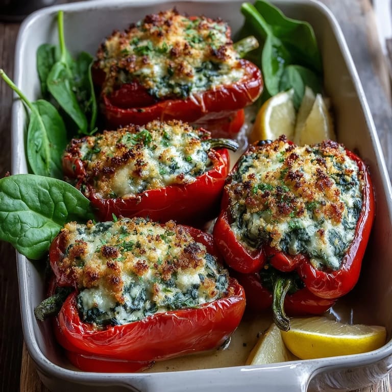 Vibrant red bell peppers overflowing with a savory Vegan Spinach and Artichoke Stuffed Peppers filling, garnished with fresh parsley and lemon zest.