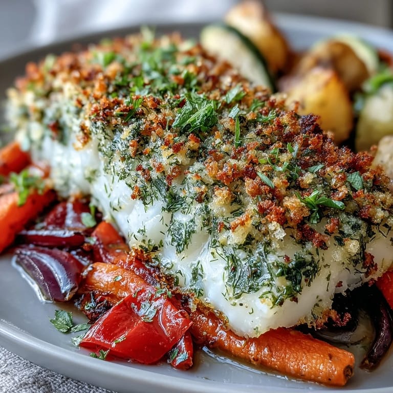 Tender white fish with a crispy herb crust, paired with caramelized red onions and bell peppers for dinner.