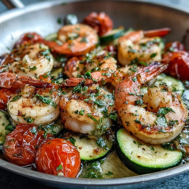 Succulent One-Pan Lemon Butter Shrimp with Zucchini and Tomatoes served over fluffy rice with fresh parsley garnish.