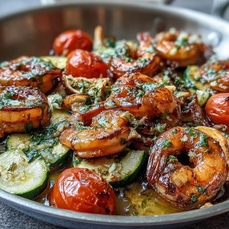 Close-up of One-Pan Lemon Butter Shrimp with Zucchini and Tomatoes showing juicy tomatoes and sizzling butter sauce.