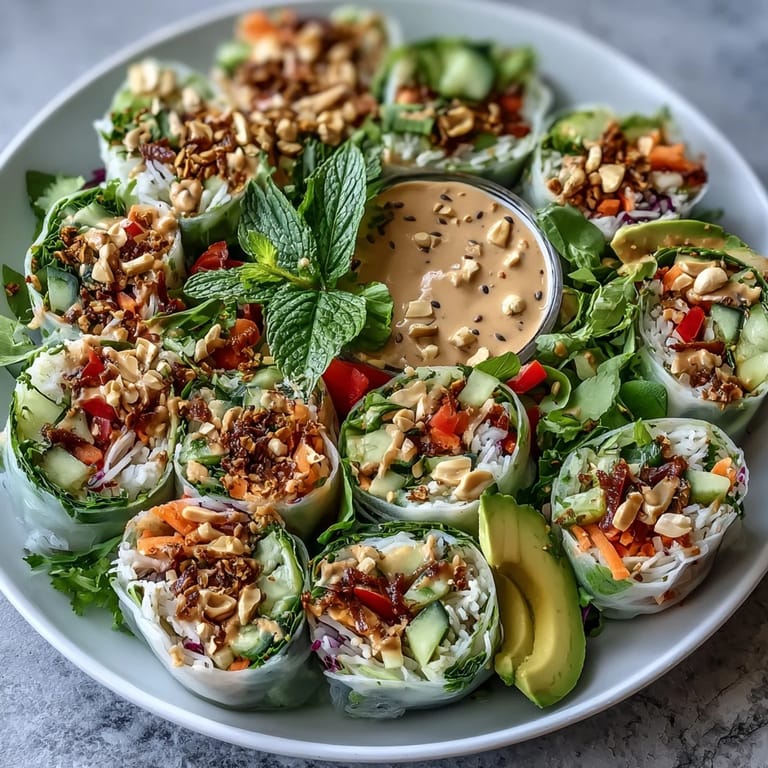 Colorful Vegan Spring Roll Salad with Peanut Dressing served in a white bowl, garnished with fresh herbs, peanuts, and a drizzle of rich sauce.